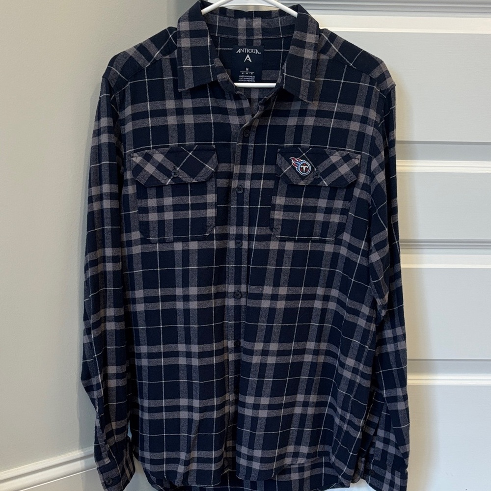 Antigua Men's Dark Checkered Button Down Shirt- Tennessee Titans